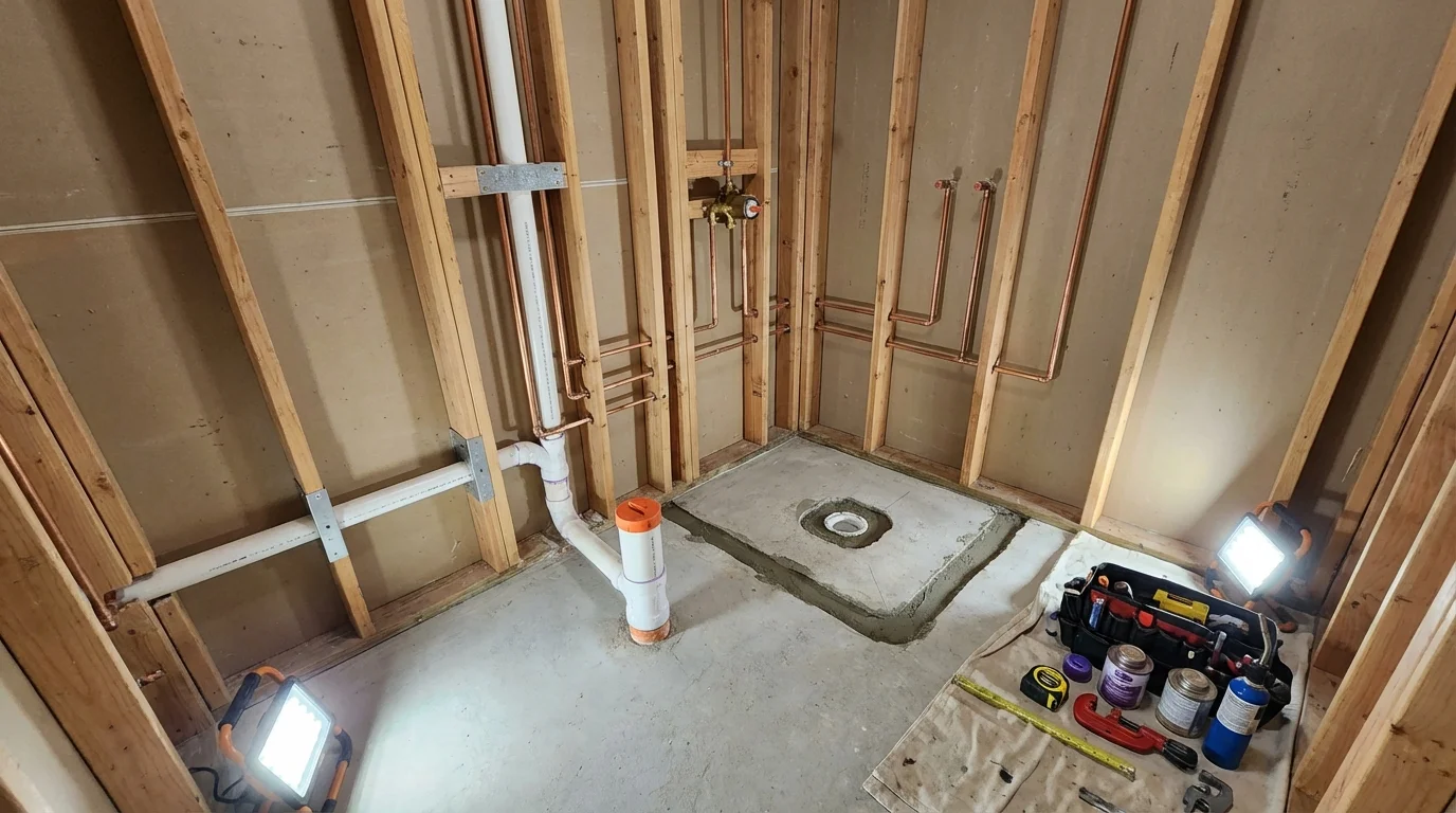 Bathroom rough-in plumbing during remodel by Johns Plumbing LLC in Long Prairie