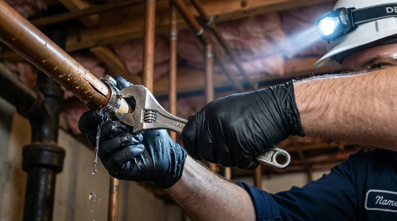 Emergency pipe clamp repair being performed by a Johns Plumbing LLC plumber in Long Prairie