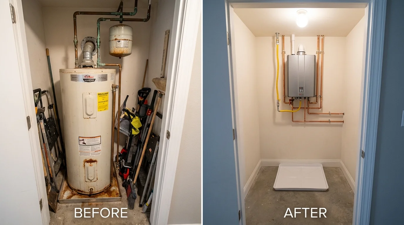 Tank water heater versus wall-mounted tankless unit comparison for Long Prairie, MN homeowners