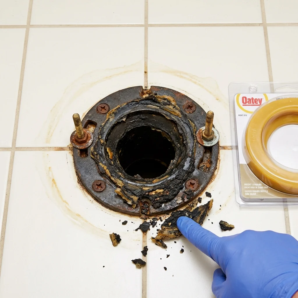 Failed wax ring showing water seepage at the base of a toilet in a Long Prairie, MN home