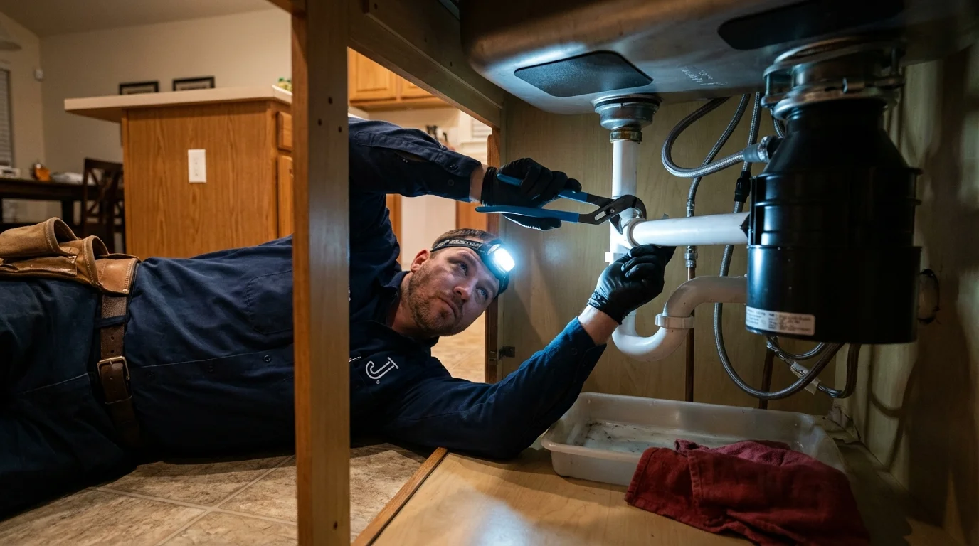 P-trap and supply line connections under a kitchen sink showing a common leak point in Long Prairie, MN